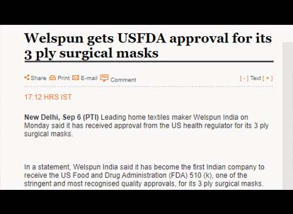 Welspun gets USFDA approval for its 3 ply surgical masks 